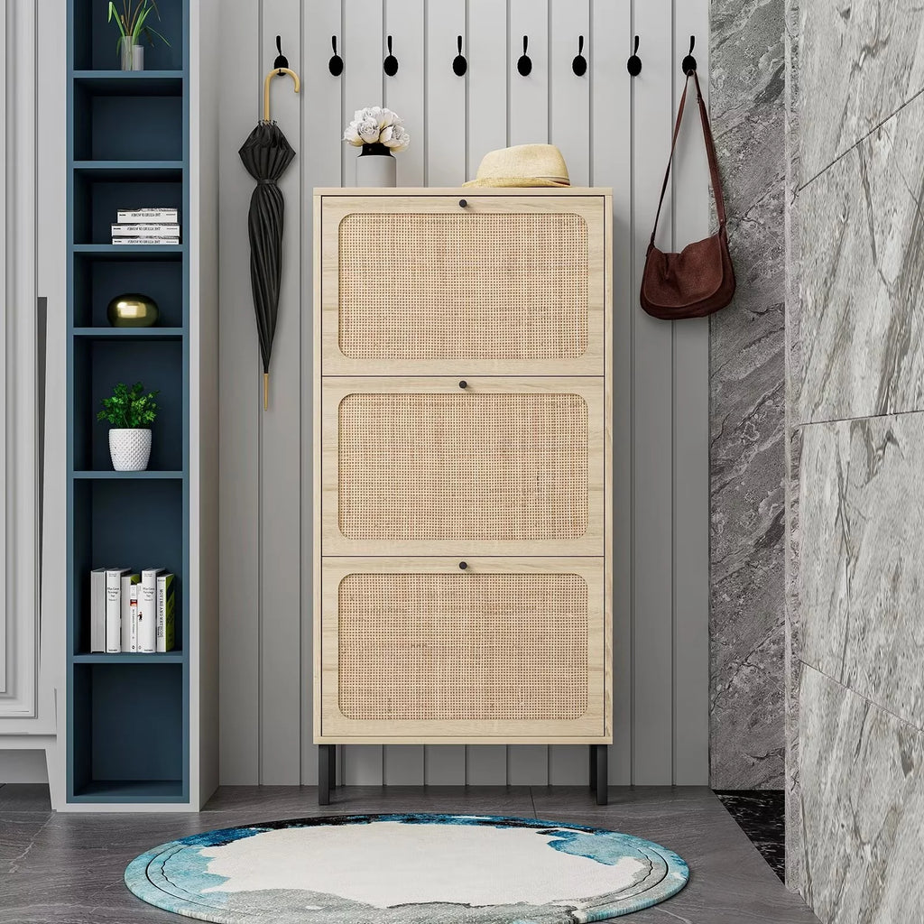 3 Flip Drawer Rattan Shoe Cabinet with Adjustable Shelves O1039