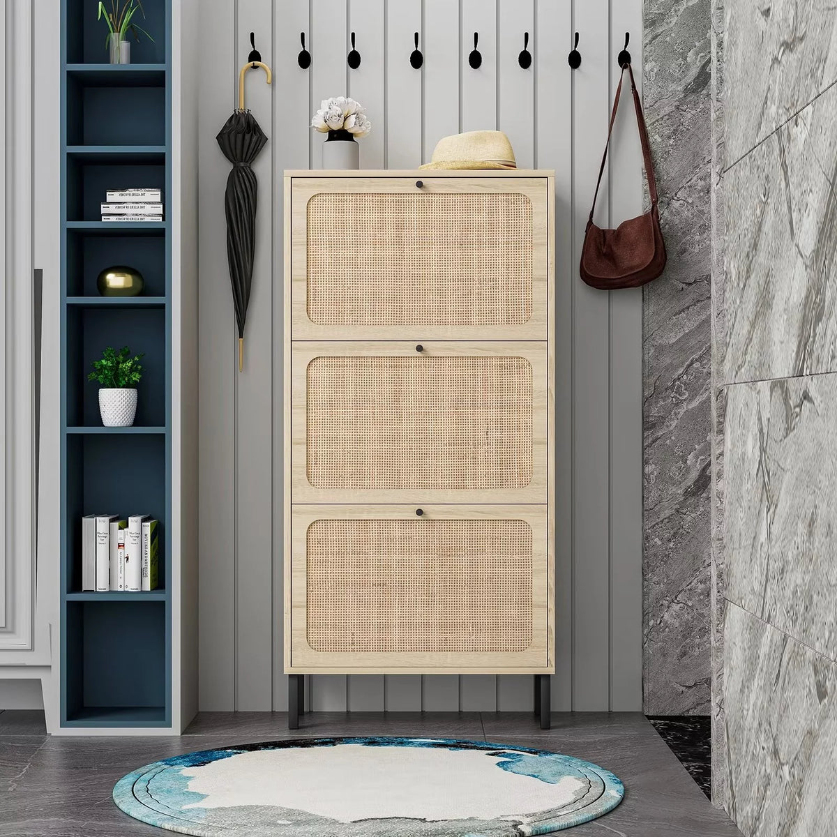 3 Flip Drawer Rattan Shoe Cabinet with Adjustable Shelves O1039