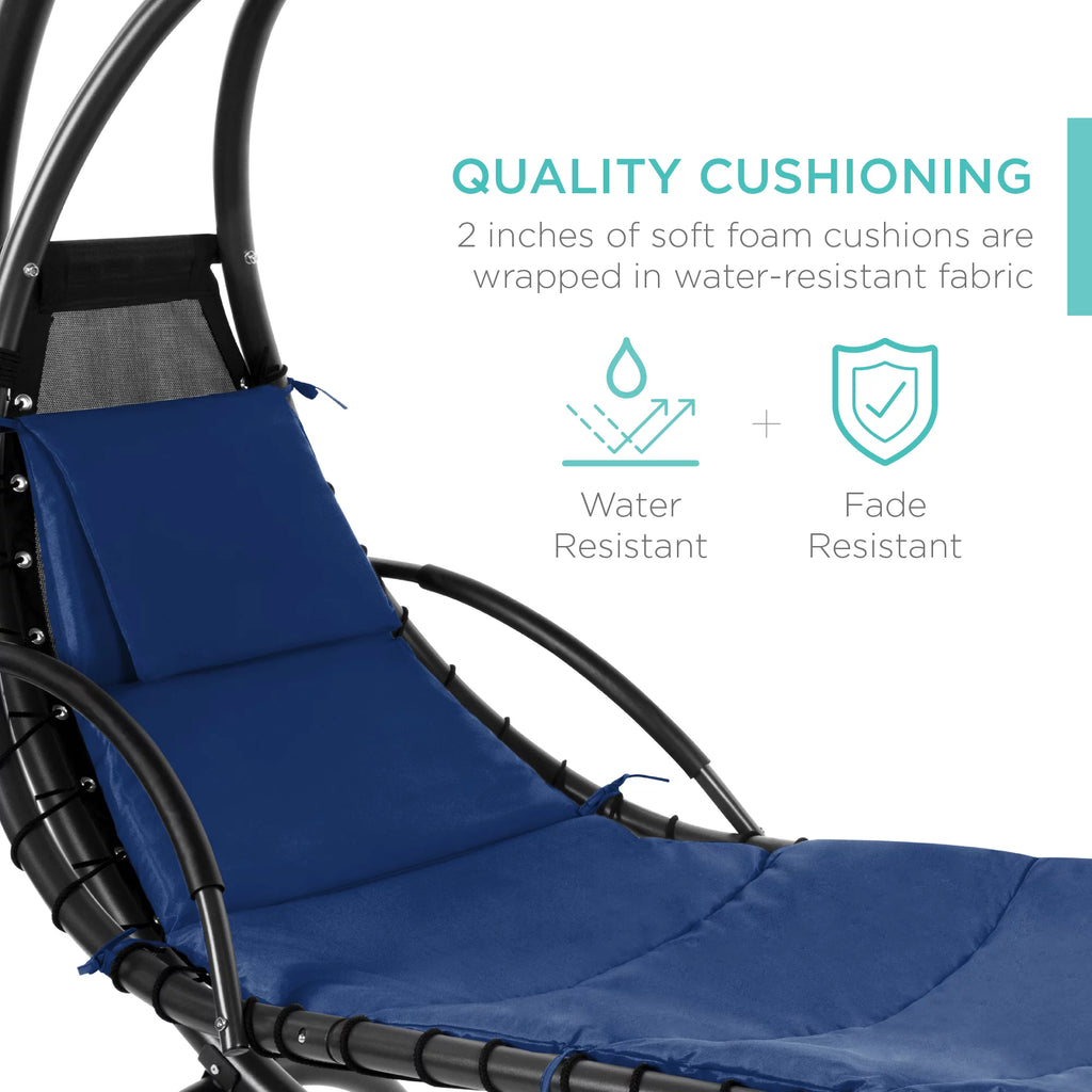 Hanging Curved Chaise Lounge Chair Swing with Pillow, Shade, Stand Navy Blue U9659