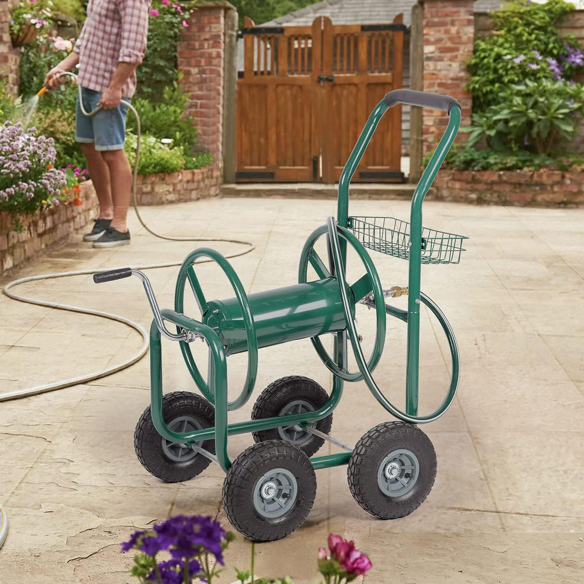 Green Heavy Duty Garden Hose Reel Cart with Wheels 300 Feet G611