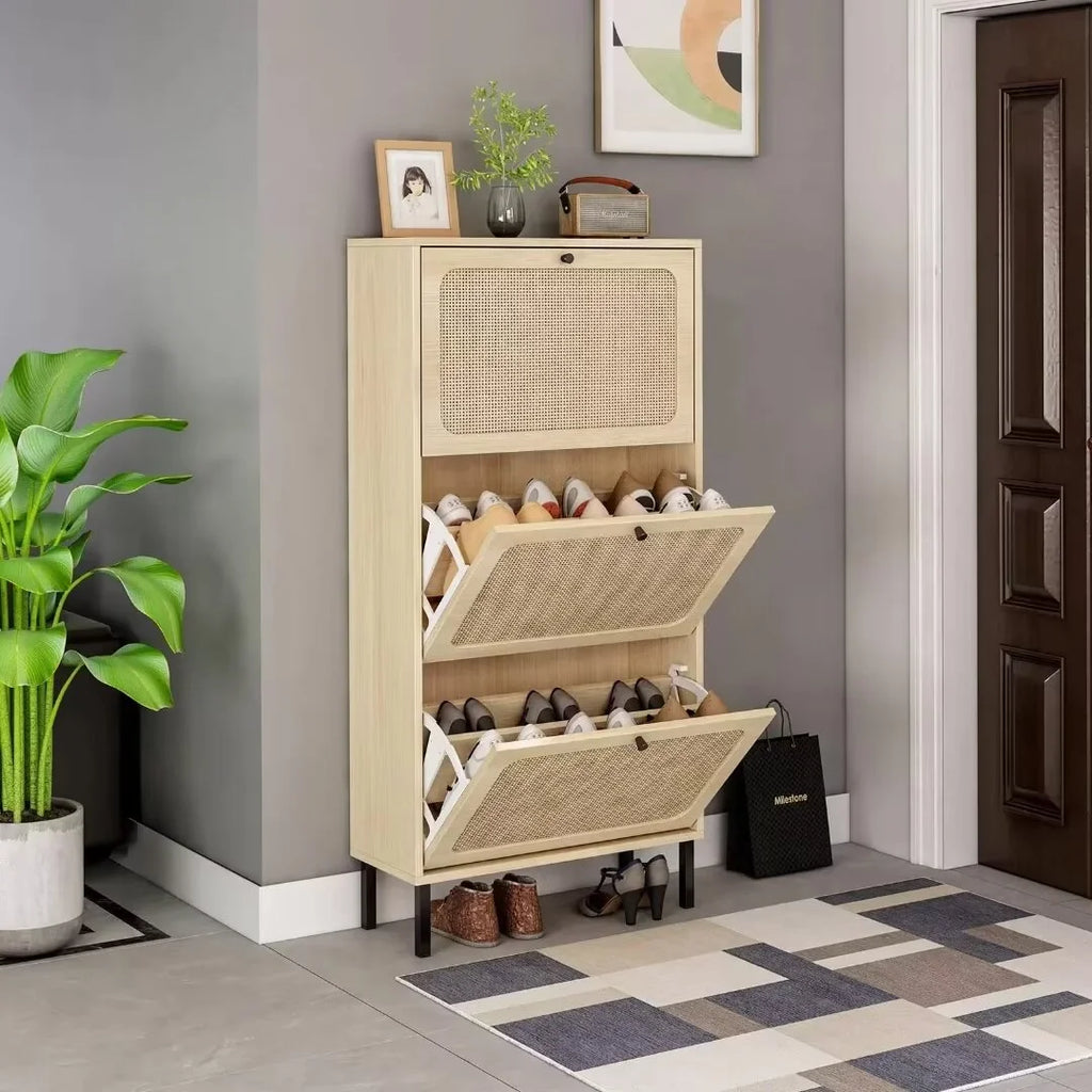 3 Flip Drawer Rattan Shoe Cabinet with Adjustable Shelves O1039