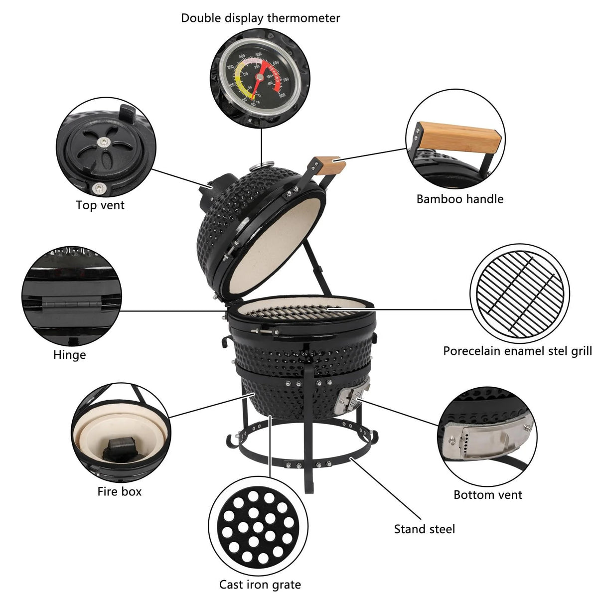 13in Black Ceramic Charcoal BBQ Grill Z324