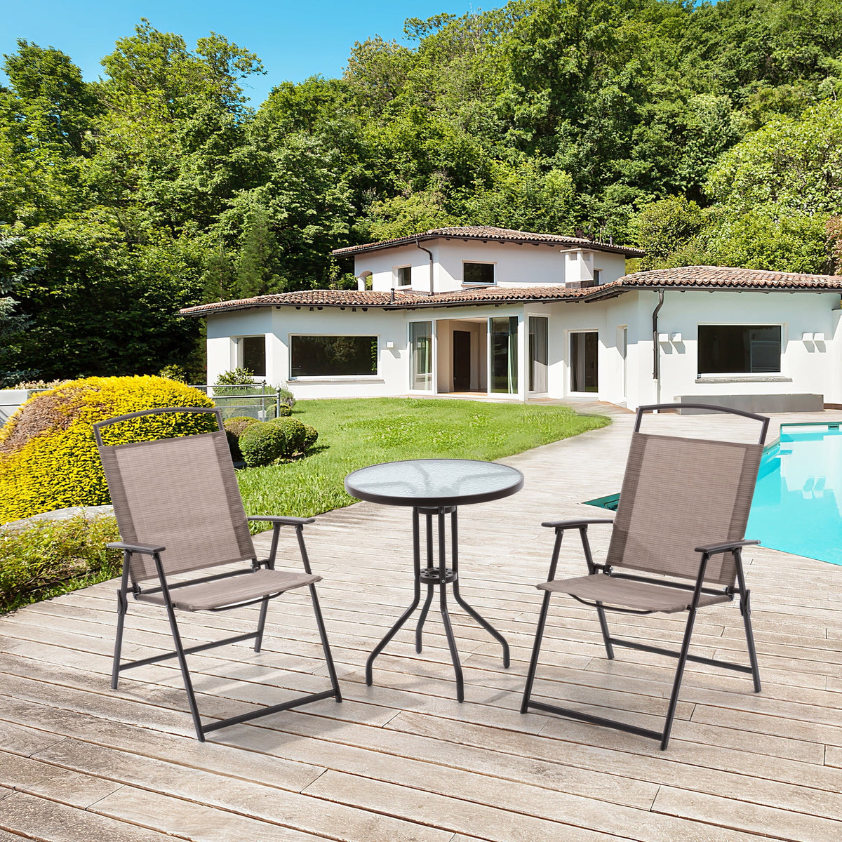Metal Patio Bistro Table and Folding Chairs Set of 3 Brown F7646