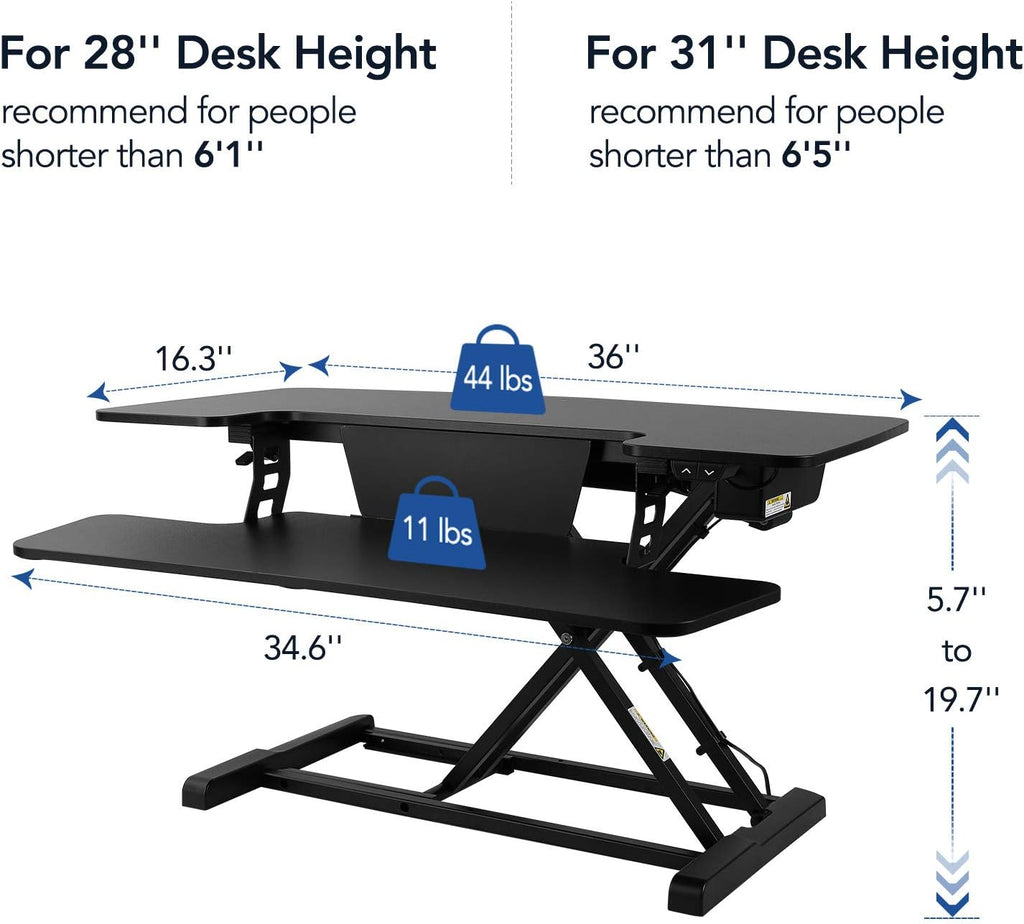Motorized Standing Desk Converter 36" Wide Electric Stand up Desk Riser Black Height Adjustable Desk Y19128
