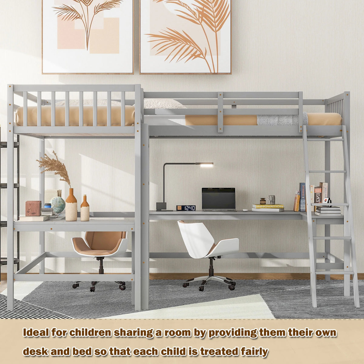 Twin Size L-Shaped Loft Bed with Desk, Ladder and Guardrails L68487