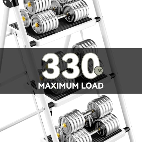 4 Step Folding Steel Step Ladder with Handrails White W653910