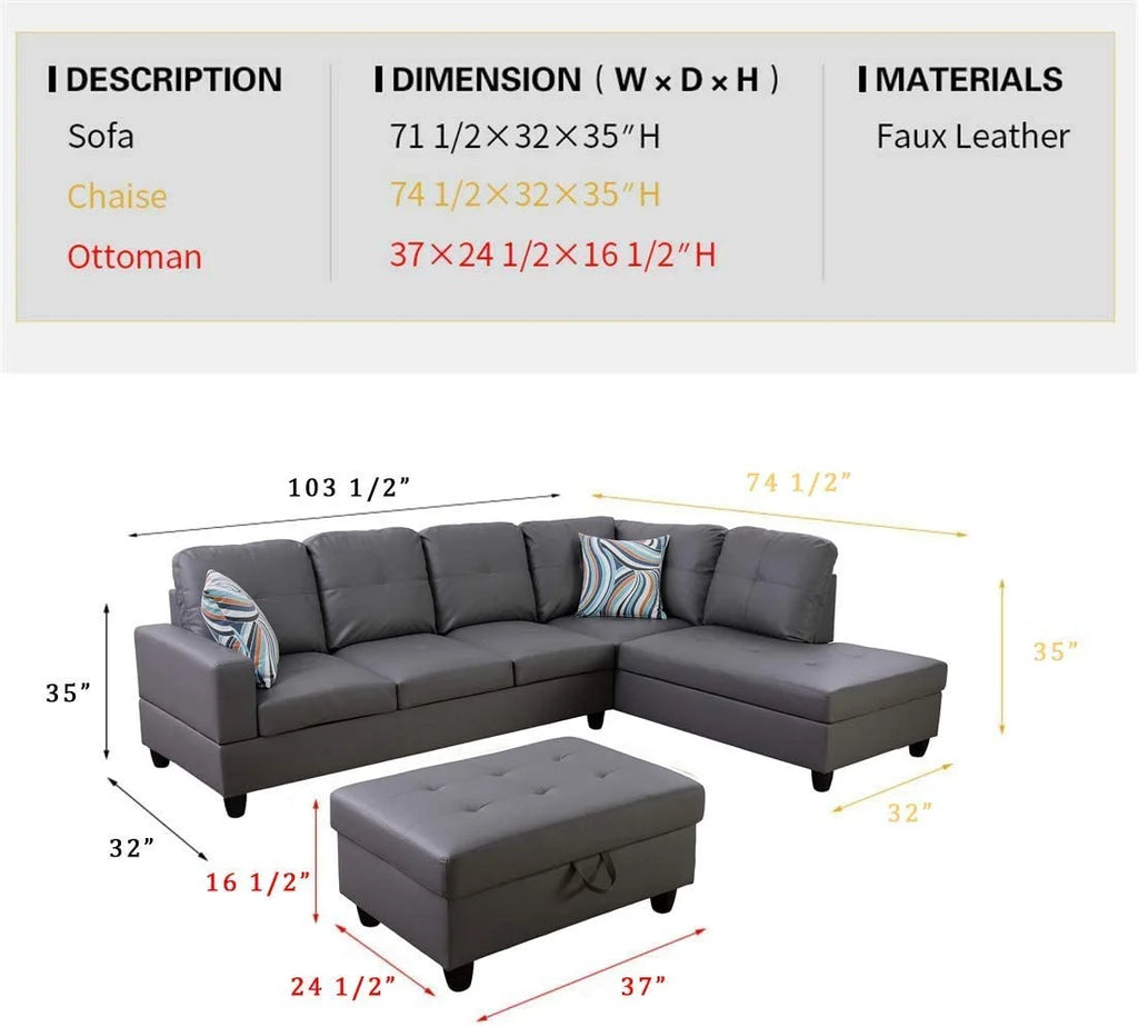 Dark Grey Faux Leather Sofa & Chaise with Ottoman O237