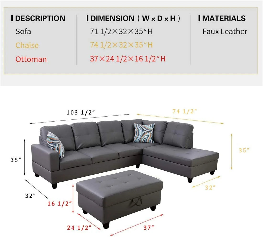 Dark Grey Faux Leather Sofa & Chaise with Ottoman O237