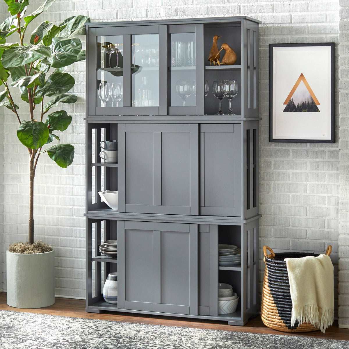 Espresso Glass Sliding Door Stackable Cabinet L94169