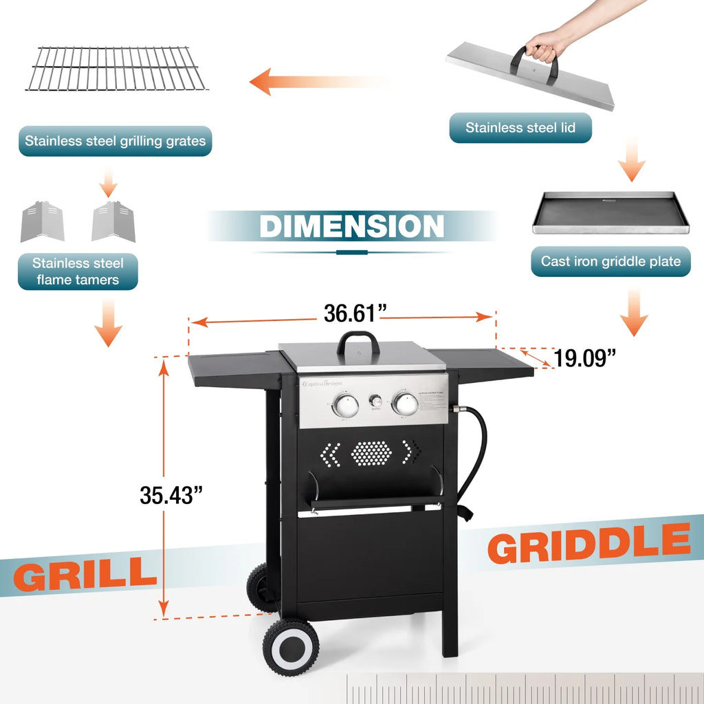 2-Burner Propane Grill and Griddle Cooking Station with Side Shelves Black X4295