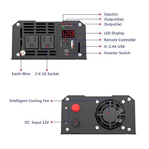 1200W Pure Sine Wave Power Inverter DC 12V to AC 120V with Remote Control USB Port LED Display K5745