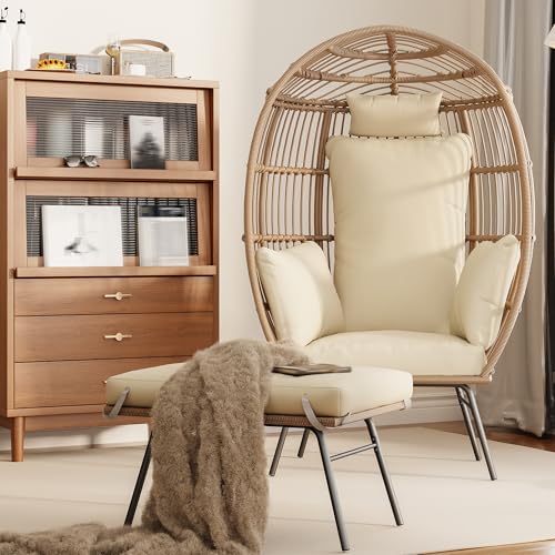 Oversized Grey Wicker Egg Chair with Ottoman W54131