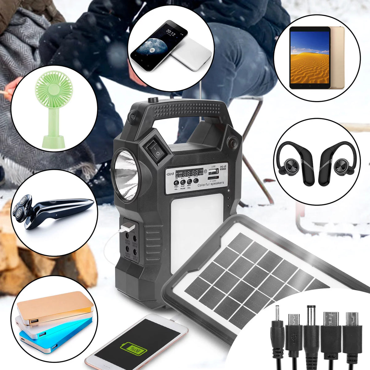 Portable Solar Power Station Rechargeable Power Bank with Flashlight Black C888