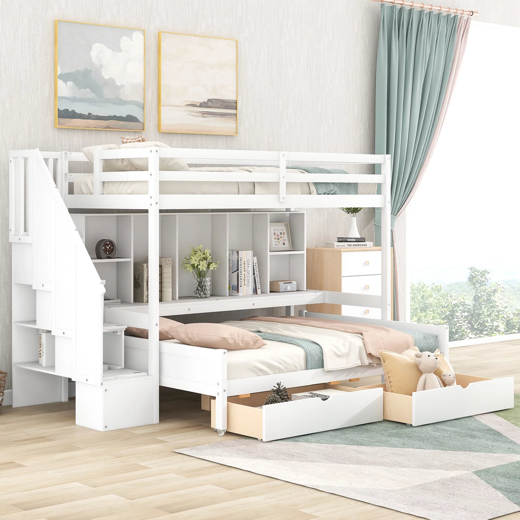 Twin Xl Over Full Bunk Bed with Storage Shelves, Drawers and Staircase, White D822113