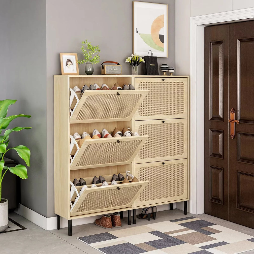 3 Flip Drawer Rattan Shoe Cabinet with Adjustable Shelves O1039