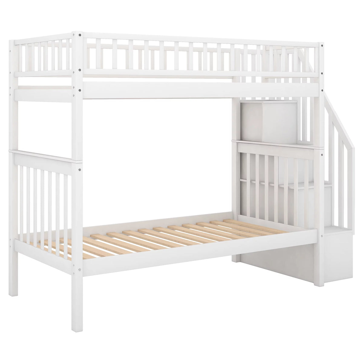 White Wood Twin over Twin Bunk Bed with Trundle and Storage Stairs G9281