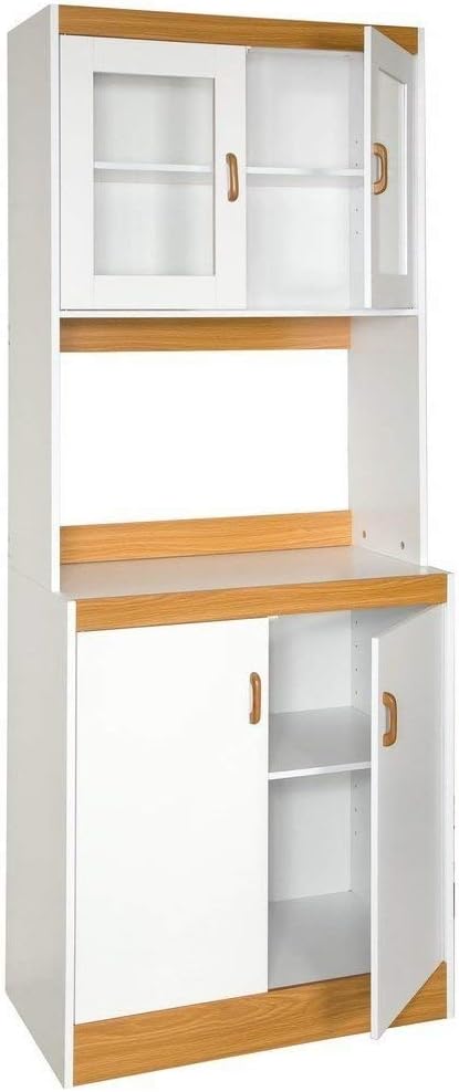 White Tall Kitchen Microwave Cart with Cabinets and Glass Doors F31809