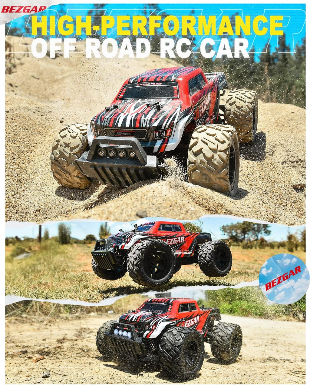 1:14 Scale Remote Control Car, 4WD Electric Toy Off Road RC Monster Truck with Two Rechargeable Batteries J179
