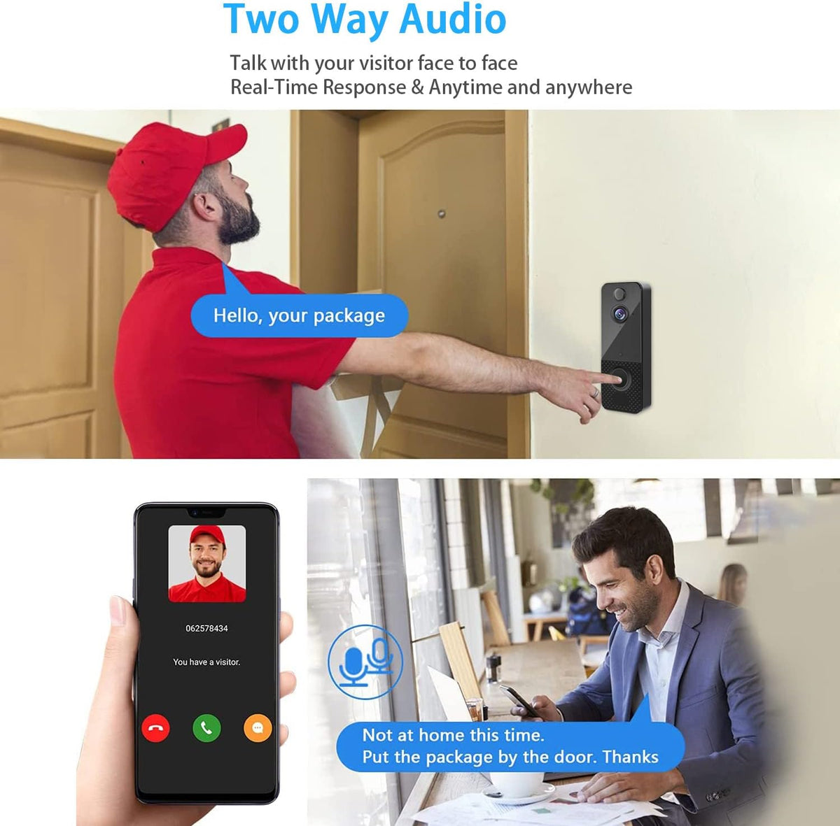 Wireless 1080P HD Video Doorbell with Chime, 2-Way Audio, Night Vision, IP65 Weatherproof, Pack of 2 J597173