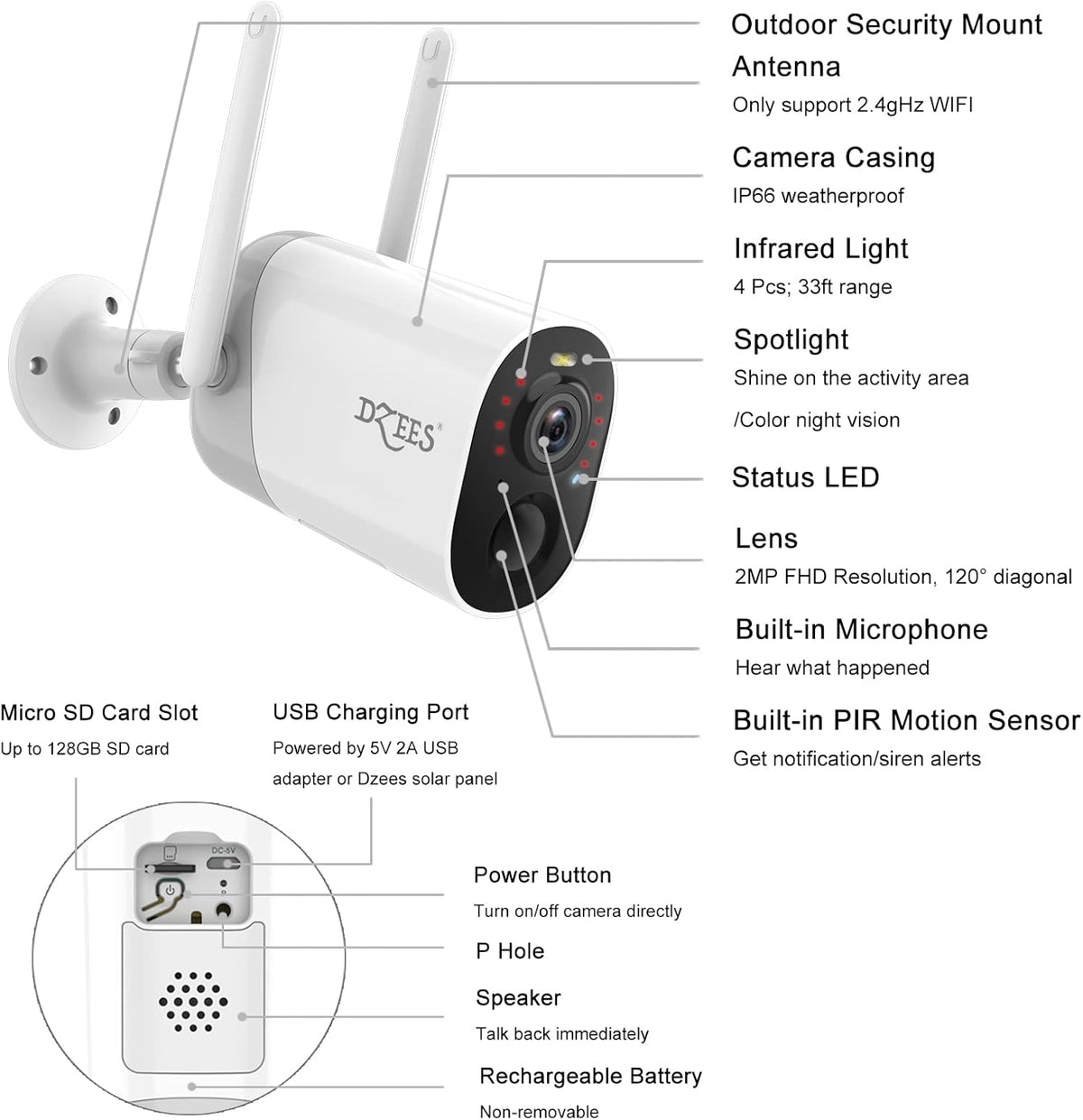 Wireless Outdoor Security Camera with Spotlight, Rechargeable Battery, AI Motion Detection, 2-Way Talk, Color Night Vision, IP66 WiFi Camera M167077