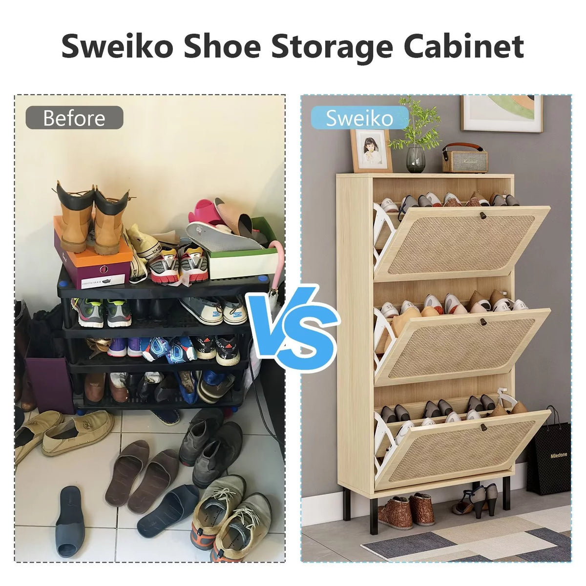 3 Flip Drawer Rattan Shoe Cabinet with Adjustable Shelves O1039