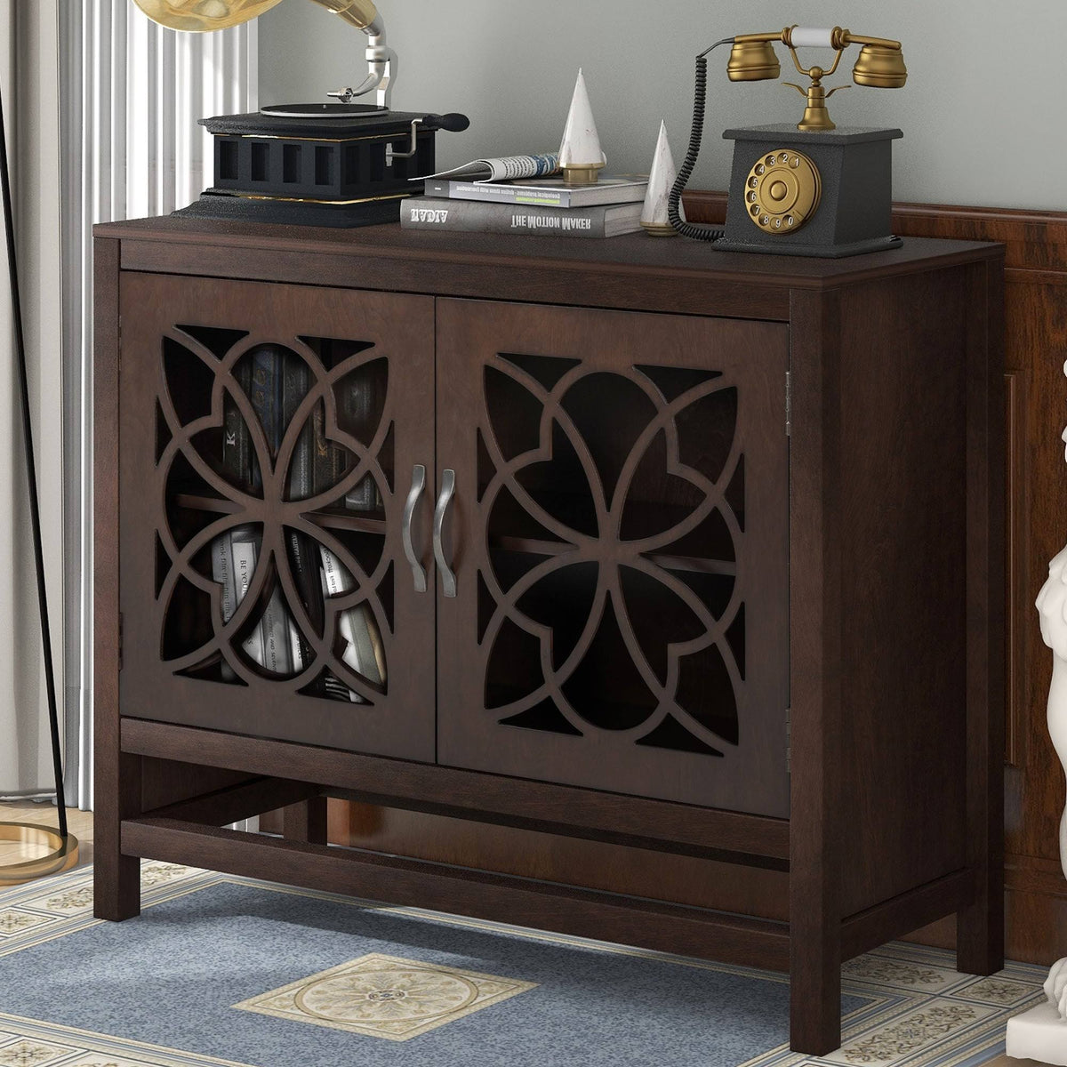 Brown Navy Blue Wood Accent Sideboard Storage Cabinet with Doors J428