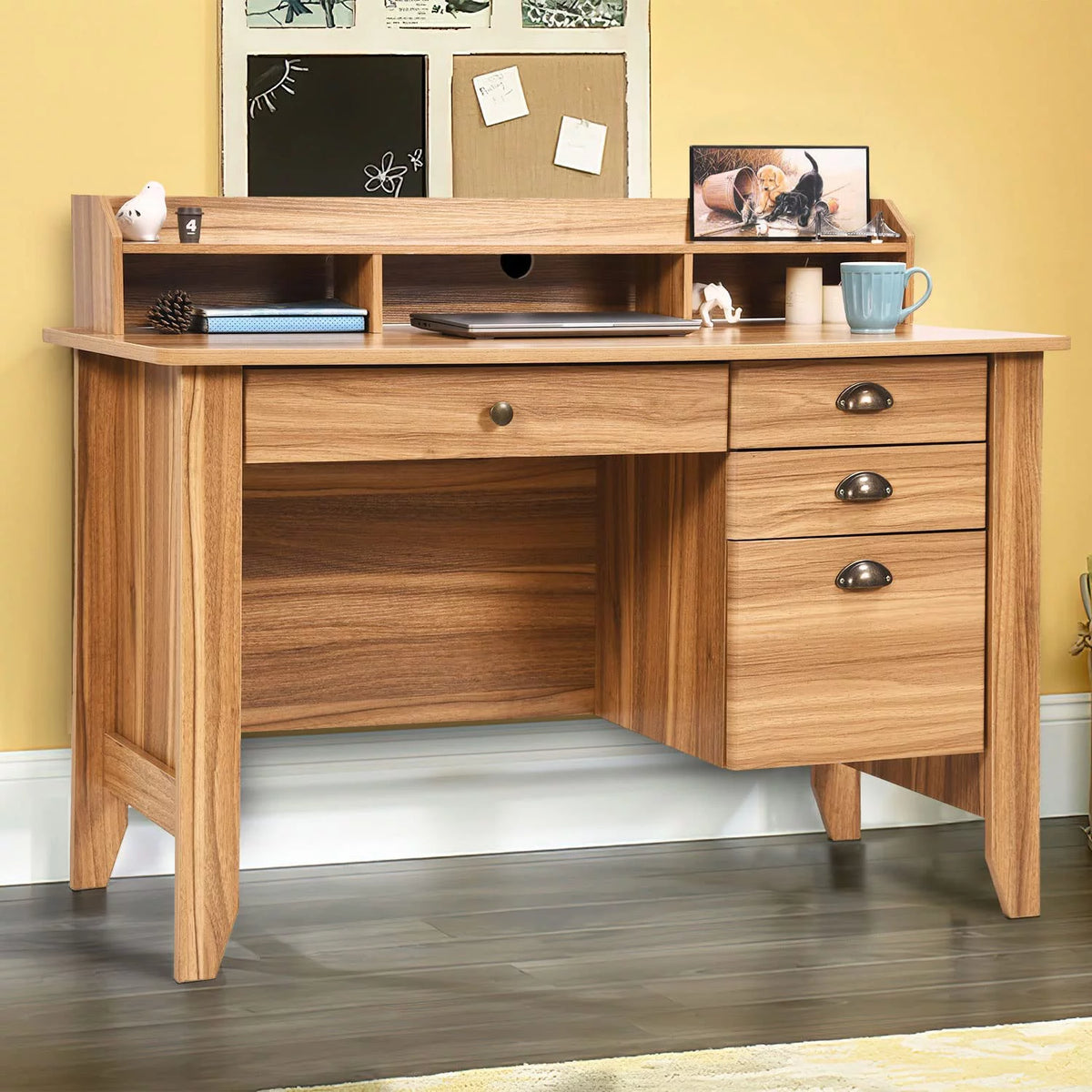 White Oak Computer Desk with Drawers and Hutch Shelf Q8315