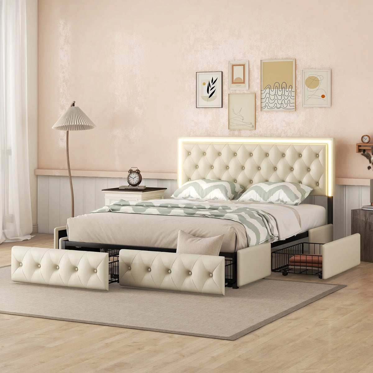 Queen Upholstered Bed Frame with 4 Storage Drawers Q2646