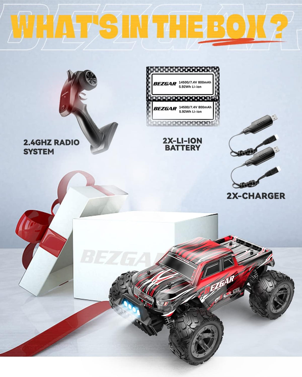 1:14 Scale Remote Control Car, 4WD Electric Toy Off Road RC Monster Truck with Two Rechargeable Batteries J179