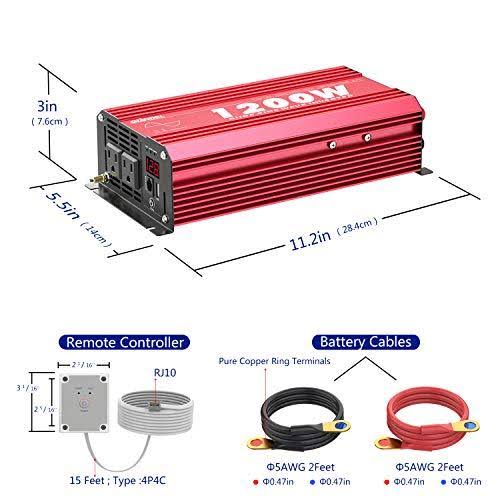 1200W Pure Sine Wave Power Inverter DC 12V to AC 120V with Remote Control USB Port LED Display K5745
