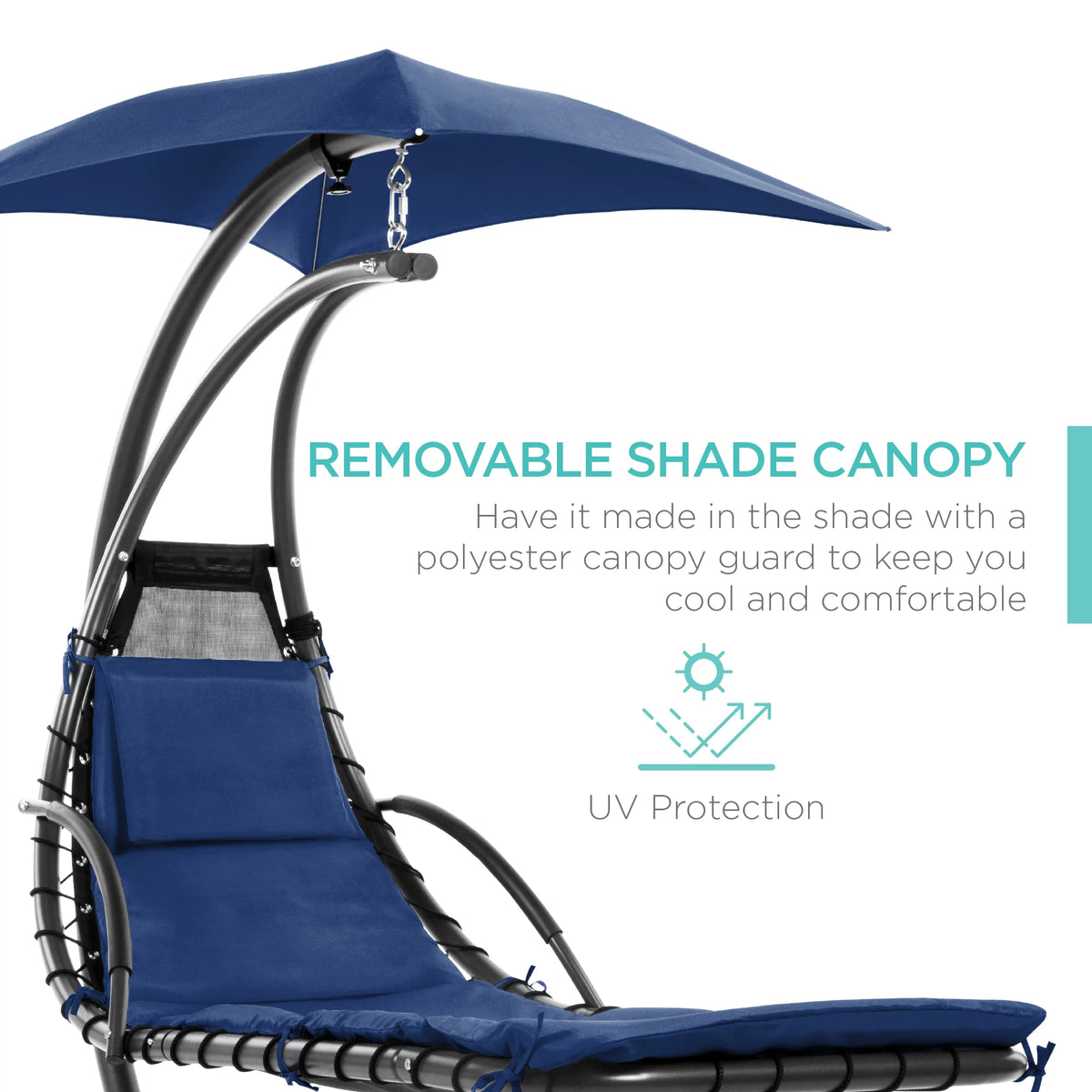 Hanging Curved Chaise Lounge Chair Swing with Pillow, Shade, Stand Navy Blue U9659