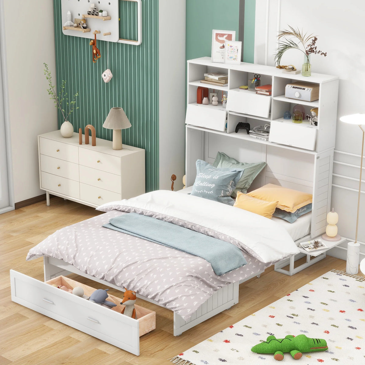 Queen Size Murphy Bed with Charging Station and Shelf, White K202
