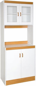 White Tall Kitchen Microwave Cart with Cabinets and Glass Doors F31809