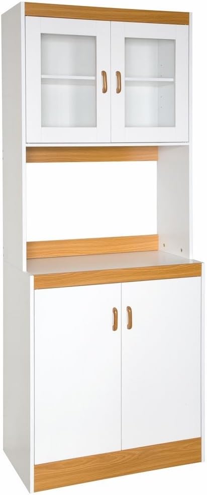White Tall Kitchen Microwave Cart with Cabinets and Glass Doors F31809