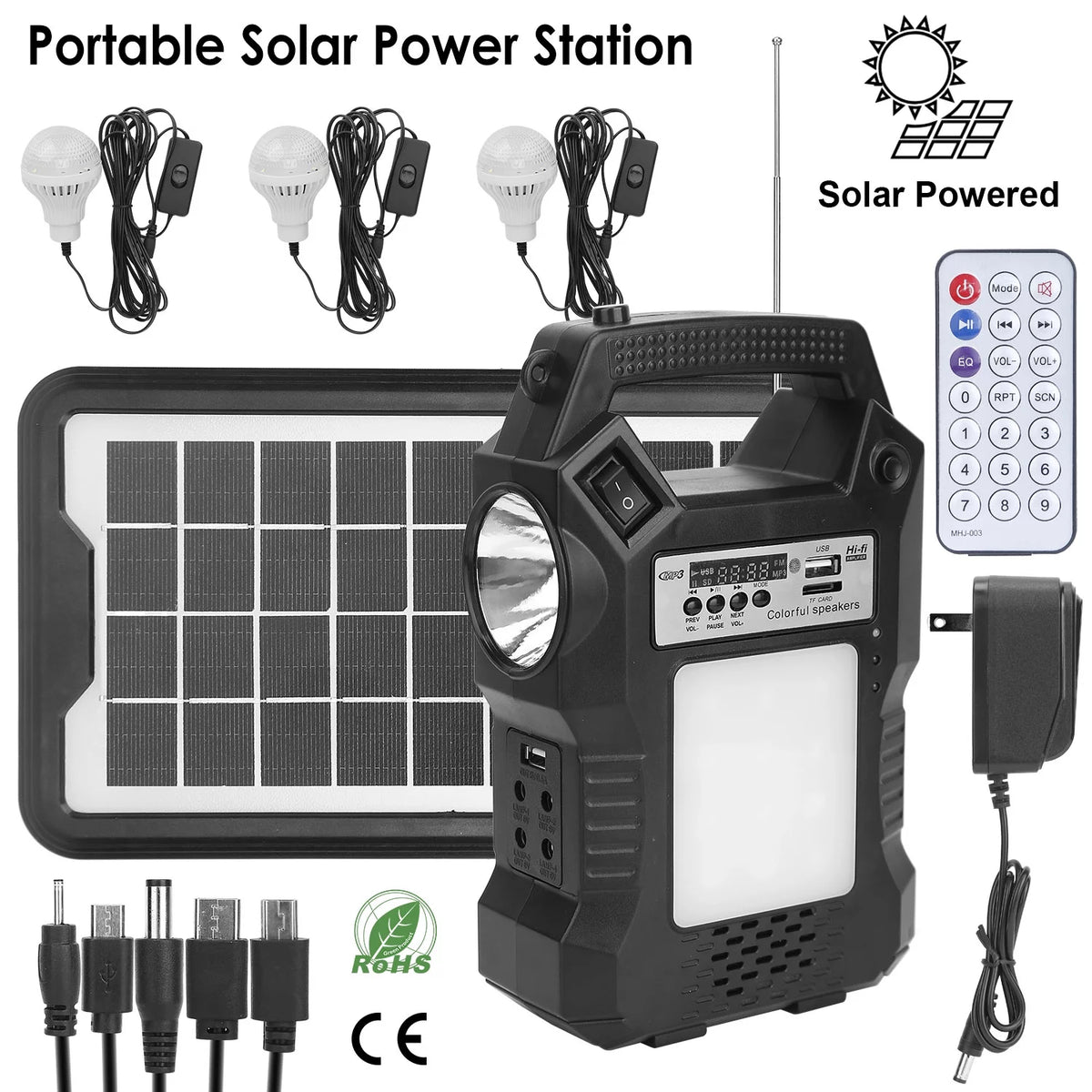 Portable Solar Power Station Rechargeable Power Bank with Flashlight Black C888