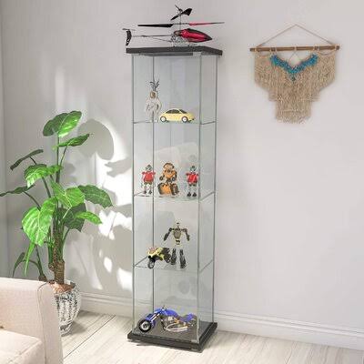 Black Glass Display Cabinet with Door 4 Shelves V21334