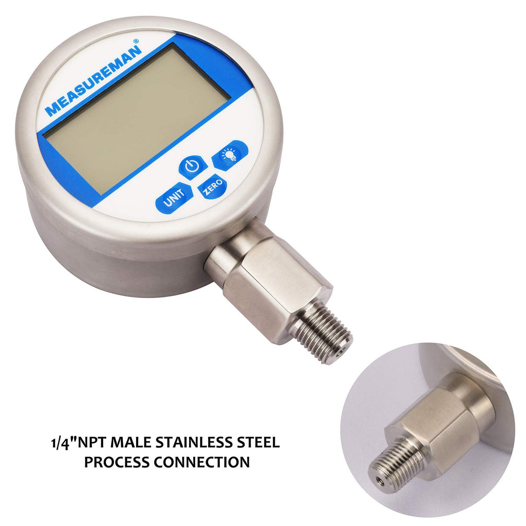 3-1/8 dial Digital Hydraulic Industrial Precision Pressure Gauge with 1/4NPT Lower Mount, Stainless Steel Case, 0-10000psi/bar, 0.4%, Battery Powered, with LED Light J57740