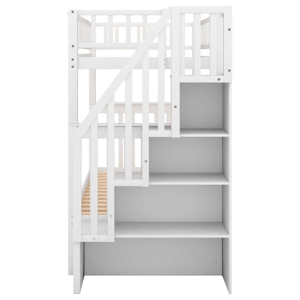 White Wood Twin over Twin Bunk Bed with Trundle and Storage Stairs G9281