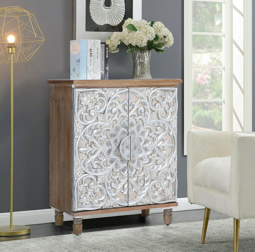 White Buffet & Sideboard Storage Cabinet with 2 Doors, Hollow Carved White B88000