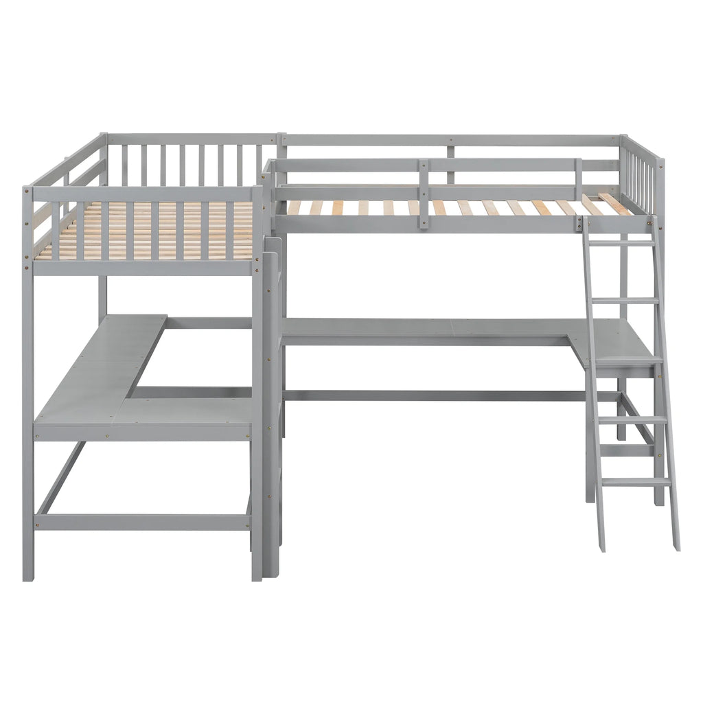 Twin Size L-Shaped Loft Bed with Desk, Ladder and Guardrails L68487