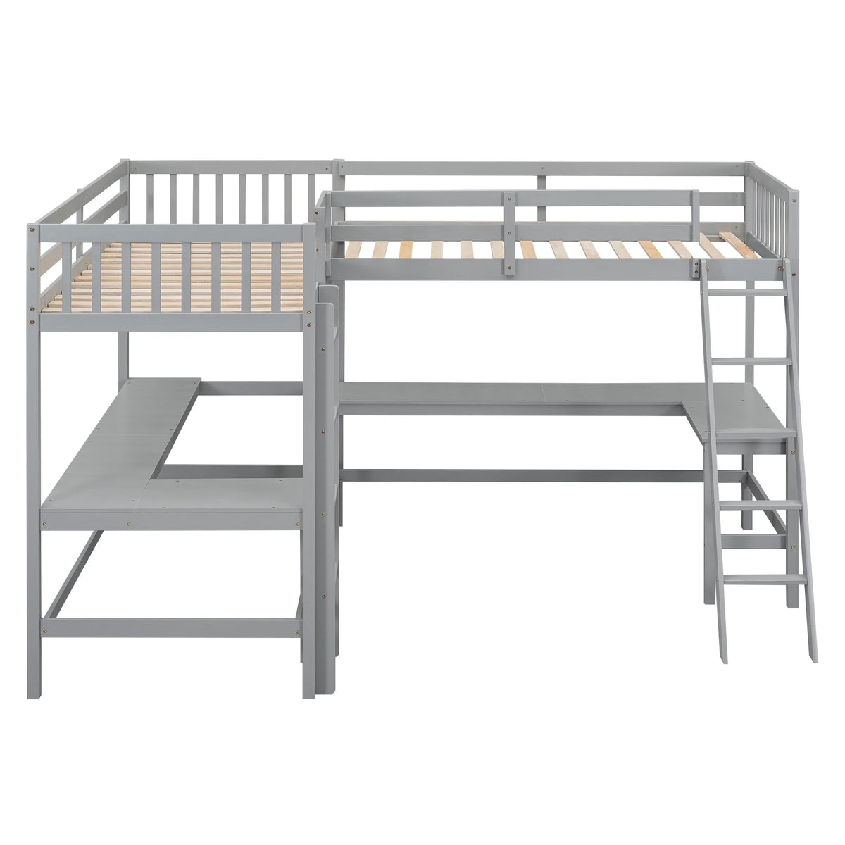 Twin Size L-Shaped Loft Bed with Desk, Ladder and Guardrails L68487