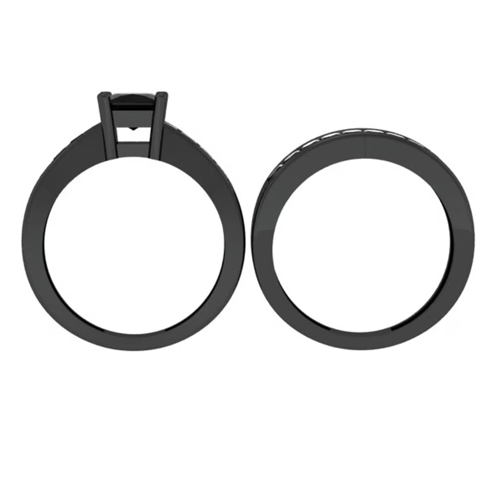 2.35 Carat Black Rhodium Plated Sterling Silver Black Diamond Engagement Ring Set S638344