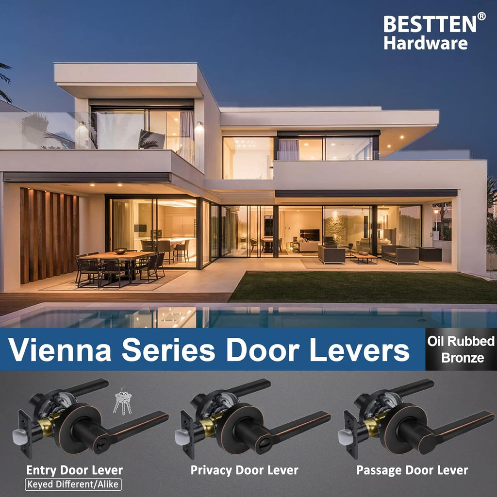 [2 Pack] Oil Rubbed Bronze Keyed Alike Entry Door Lever Set with Lock N255