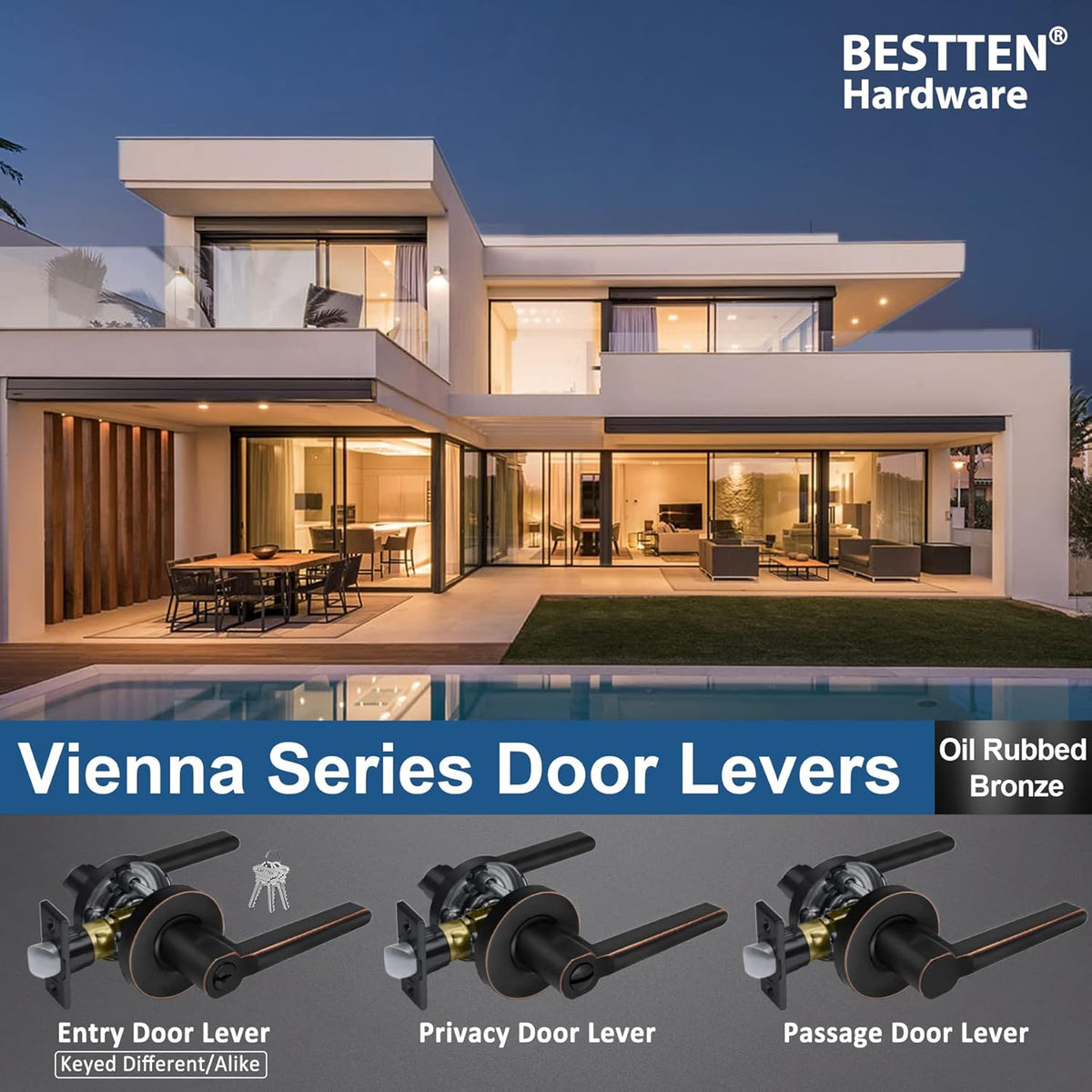 [2 Pack] Oil Rubbed Bronze Keyed Alike Entry Door Lever Set with Lock N255