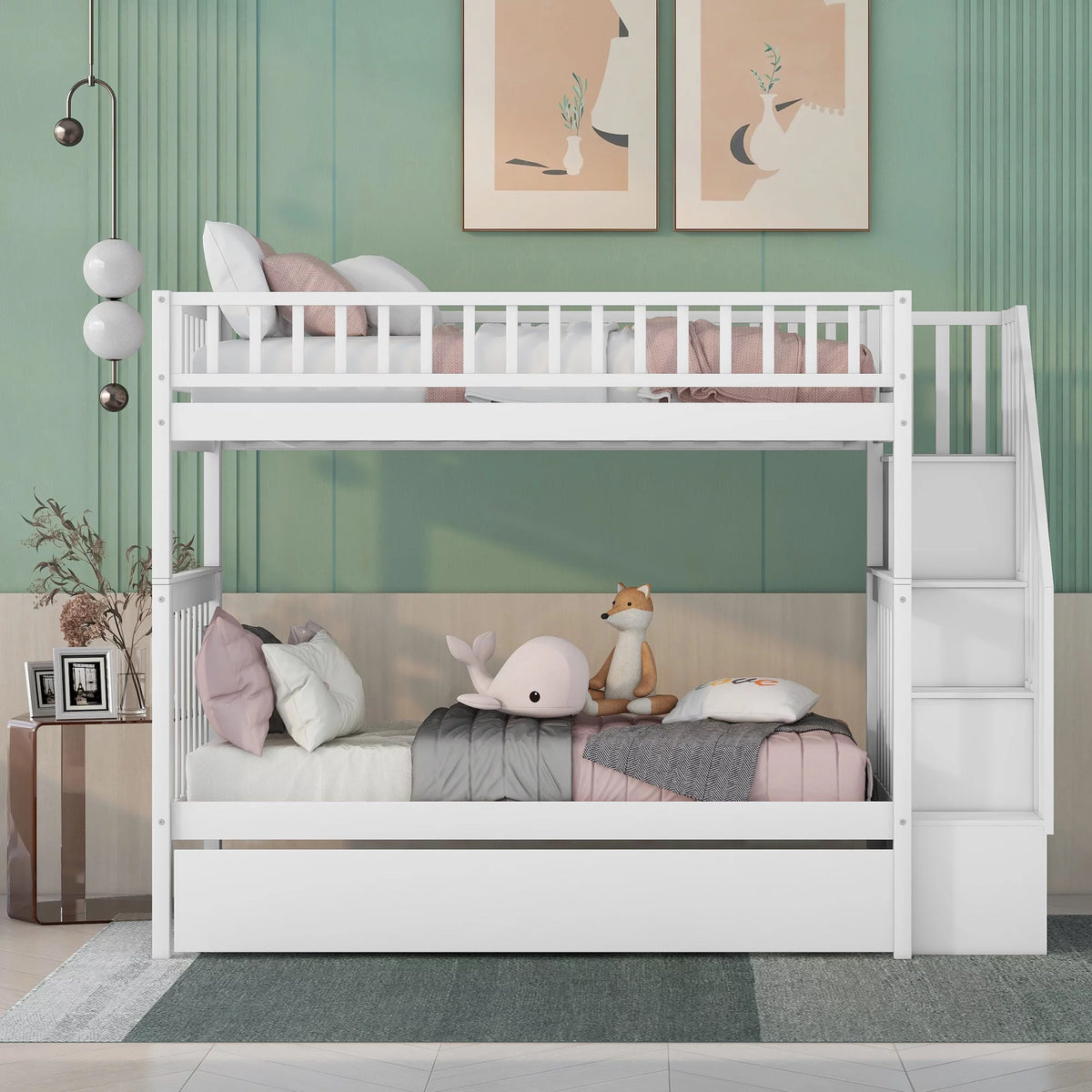White Wood Twin over Twin Bunk Bed with Trundle and Storage Stairs G9281