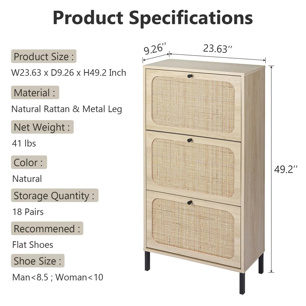 3 Flip Drawer Rattan Shoe Cabinet with Adjustable Shelves O1039