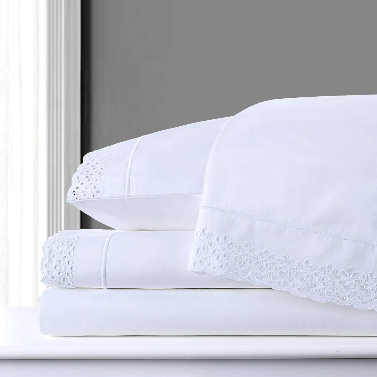 White King Size 100% Combed Cotton Percale Sheets Set with Deep Pocket Embroidered Eyelet Lace M146