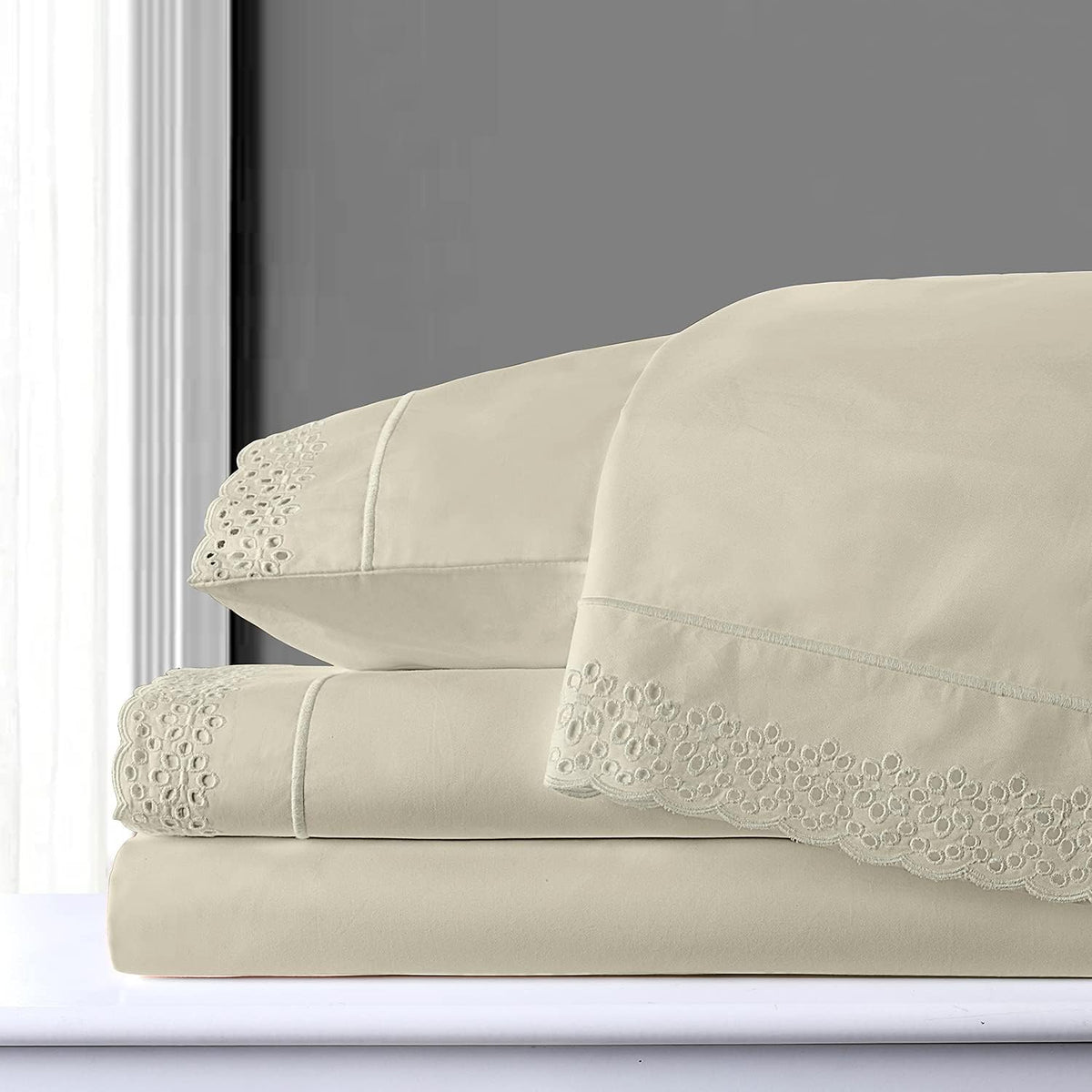 White King Size 100% Combed Cotton Percale Sheets Set with Deep Pocket Embroidered Eyelet Lace M146