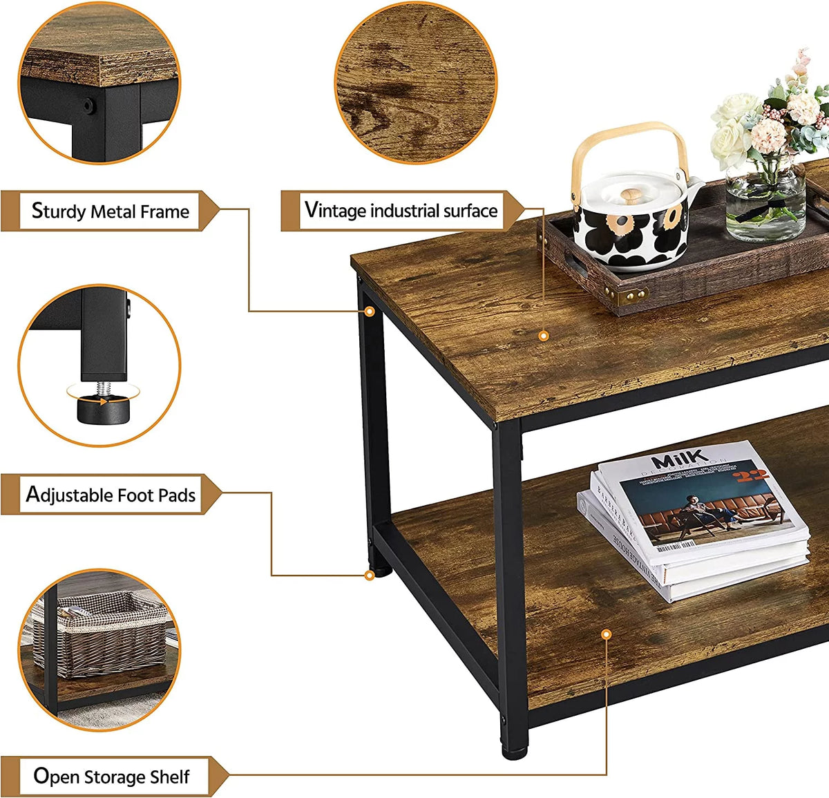 2-Tier Wood Coffee Table with Storage Shelf Metal Frame G997