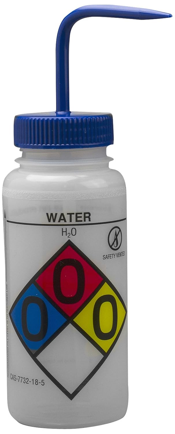 Deionized Water Wash Bottles, 500ml (16oz), Polyethylene, Blue Polypropylene Cap, Pack of 4 X670